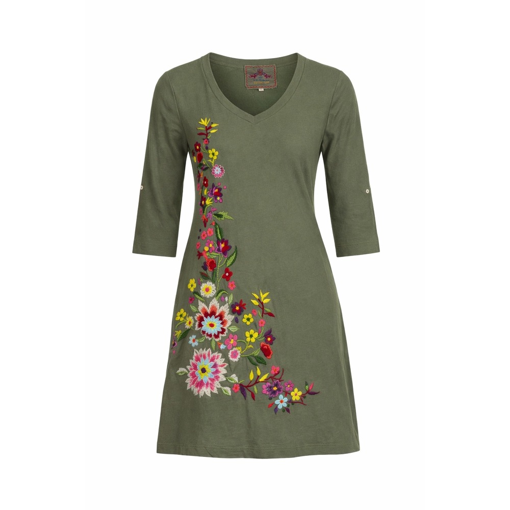 Cottagecore Johnny Was Olive Green Embroidered Tunic Top Boho Floral 3/4 Sleeve